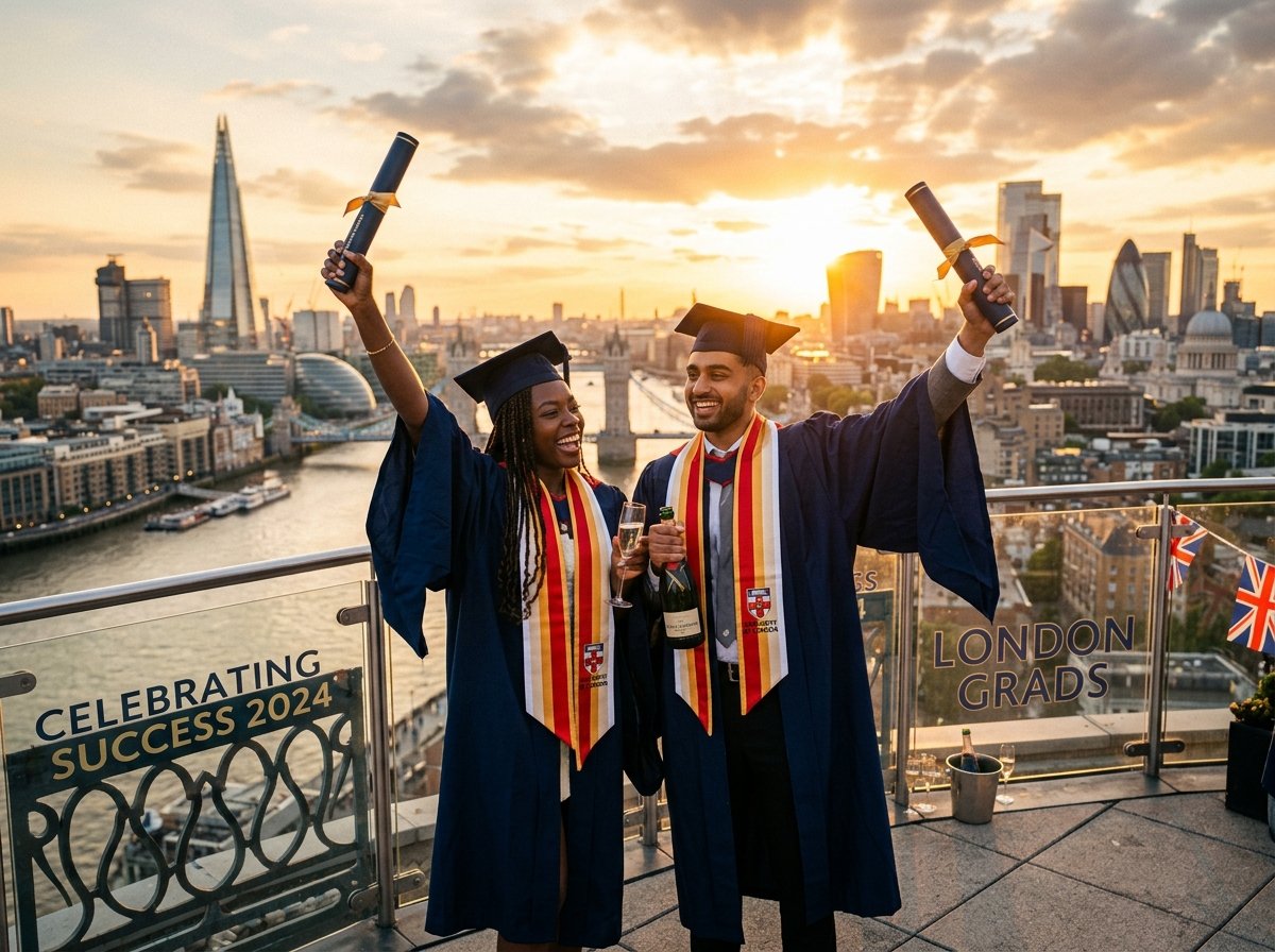 Graduates celebrating success overlooking London skyline
